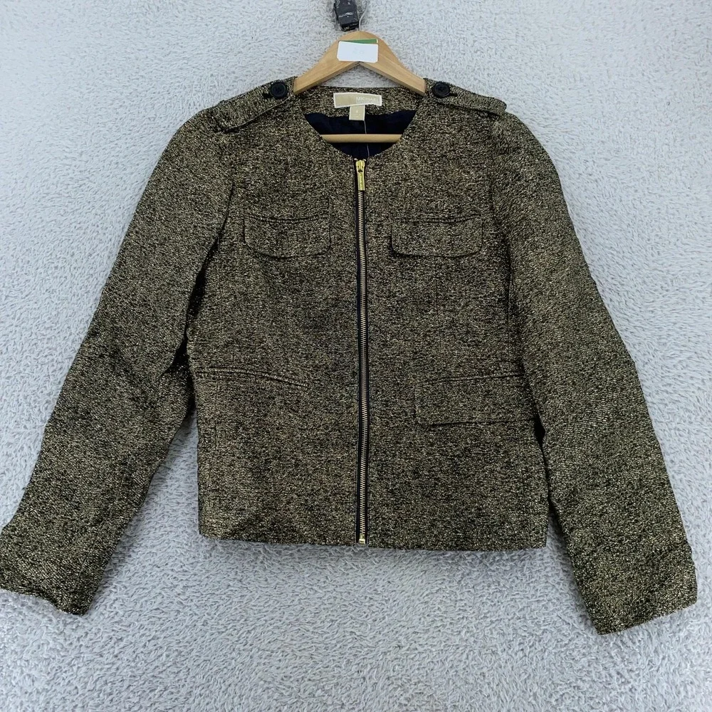 Michael Kors Silk‎ Blend Blazer Jacket Womens 6 Gold Metallic Full Zip Epaulet